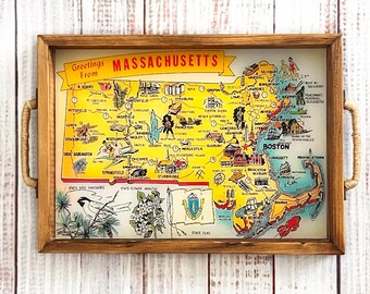 Vintage Massachusetts Map Tray | Boston & Cape Cod Decor | Handmade Serving Tray | Massachusetts Housewarming Gift