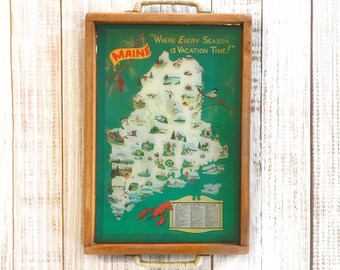 Vintage Maine Map Serving Tray | Handmade Wooden Tray w/ Metal Handles | Maine Cabin Decor | Coastal New England Gift | Vacation Home Decor