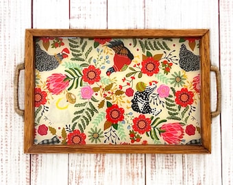 Handmade Wooden Serving Tray, Festive Chicken Pattern, Holiday Home Decor