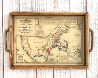 Boston Map Serving Tray | Vintage Bostonian's Idea of the United States Map | Handmade Wooden Tray | New England Gift | Coffee Table Decor