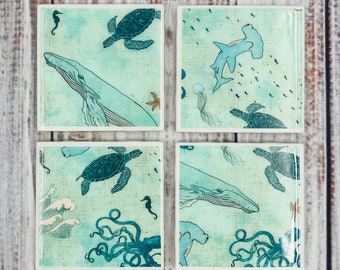 Ocean coasters-whale gift-handmade coasters-drink coasters-Gift for her-housewarming gift-epoxy resin-nautical decor-beach decor-gift set