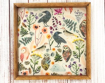 Woodland Bird Tray | Nature Serving Tray | Crow & Owl Decor | Forest Cottage Tray | Rustic Woodland Decor | Handmade Wooden Tray