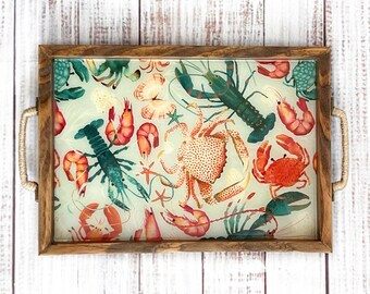 Coastal Seafood Serving Tray | Lobster Crab Shrimp Decorative Tray | Handmade Wooden Tray | Beach House Decor | Nautical Kitchen Gift