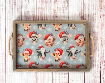 Handmade Wooden Serving Tray, Christmas Highland Cow Pattern, Holiday Decor, Christmas serving tray