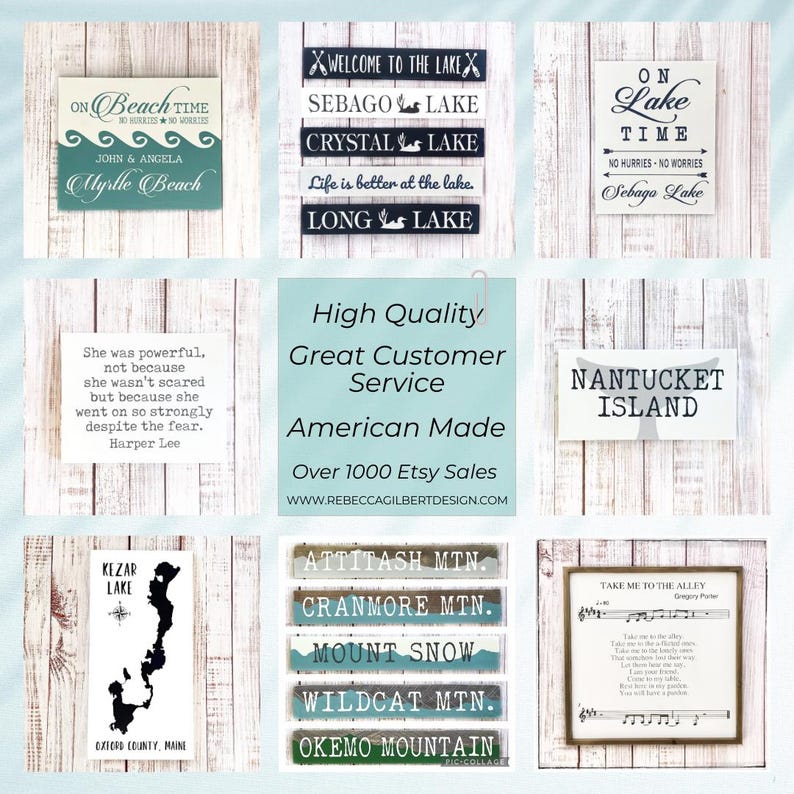 Puede incluir: Una colecci&oacute;n de letreros de madera con varios dise&ntilde;os y texto. Algunos letreros presentan nombres de lagos como Sebago Lake y Crystal Lake. Otros muestran citas, mapas y el texto "Nantucket Island". Los letreros son de varios colores y estilos.