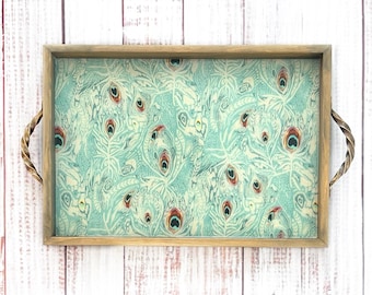 Handmade Peacock Feather Wood Tray, Botanical Decor