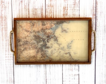 Wood serving tray BOSTON MA-vintage map-wooden serving tray-5 year anniversary gift-jewelry tray-map decor-hostess gift-boston massachusetts