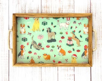 Handmade Wooden Serving Tray, Christmas Dog Pattern, Holiday Decor, Christmas serving tray