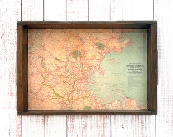 Vintage Boston Map Wood Serving Tray, Handmade Artisan Decor