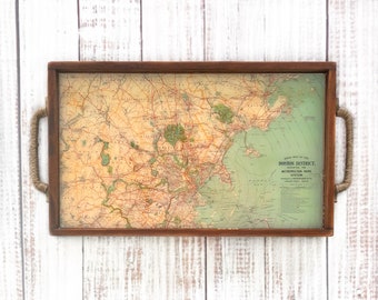 Wood serving tray BOSTON MA-vintage map-wooden serving tray-5 year anniversary gift-jewelry tray-map decor-hostess gift-boston massachusetts