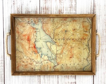 Newfound Lake Serving Tray | Bridgewater & Bristol NH Map Tray | Handmade Wooden Decorative Tray | Lake House Decor | New Hampshire Gift