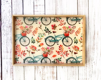 Bamboo serving tray w/ bicycle design-5 year anniversary gift-hostess gift-wedding-Bike rider-Bike decor-Gifts for her-Kitchen decor-floral