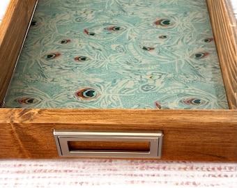 Handmade Peacock Feather Wood Tray, Boho Cottage Decor