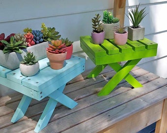 Two Vibrant Tiny Bench Plant Stands