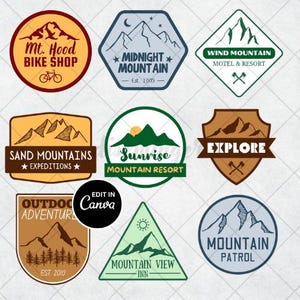 Op de afbeelding: Negen kleurrijke vintage-stijl berglogo's met tekst. De logo's bevatten bergen, bomen, sterren, een fiets, een zon en een halve maan. De tekst omvat "Mt. Hood Bike Shop", "Midnight Mountain", "Wind Mountain Motel & Resort", "Sand Mountains Expeditions", "Sunrise Mountain Resort", "Explore", "Outdoor Adventure", "Mountain View Inn" en "Mountain Patrol".