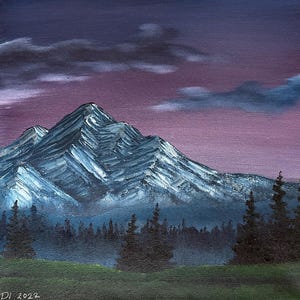 Mountains at Dusk original oil painting, 10 in square oil painting, Bob Ross inspired original artwork, Oil painting on stretched canvas