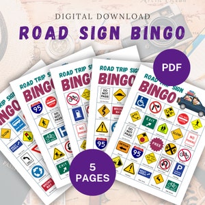 道路標識ビンゴ印刷可能 | ロードトリップビンゴ | 子供向けロードトリップゲーム | 旅行アクティビティ | 車ゲーム