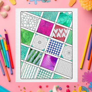 Doodle Quadrate Malseite - Ausmalbilder für Erwachsene und Kinder, komplizierte Musterdesigns, sofortiger PDF-Download, druckbare Malvorlage für Erwachsene