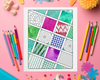 Doodle Squares Coloring Page – Intricate Pattern Designs, Instant PDF Download, Printable Adult Coloring Sheet