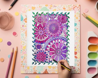 Floral Doodle Coloring Page for Adults – Printable Flower Art, Instant Download, Relaxing Line Art Design | Zentangle Coloring Page
