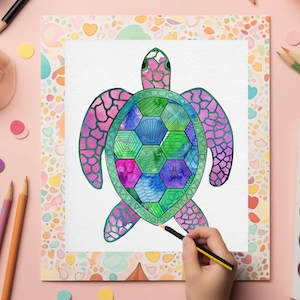 Dibujo para colorear de tortuga: adorable tortuga marina zentangle imprimible para niños y adultos. Descarga instantánea en PDF.