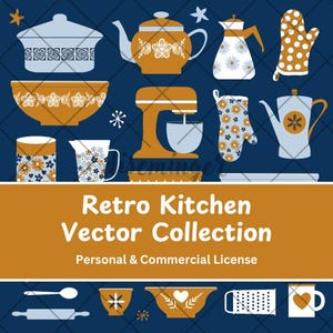 Retro Kitchen Vector Collection, Vintage pyrex dish vector set, Retro kitchen dishes vector, personal and commercial license included