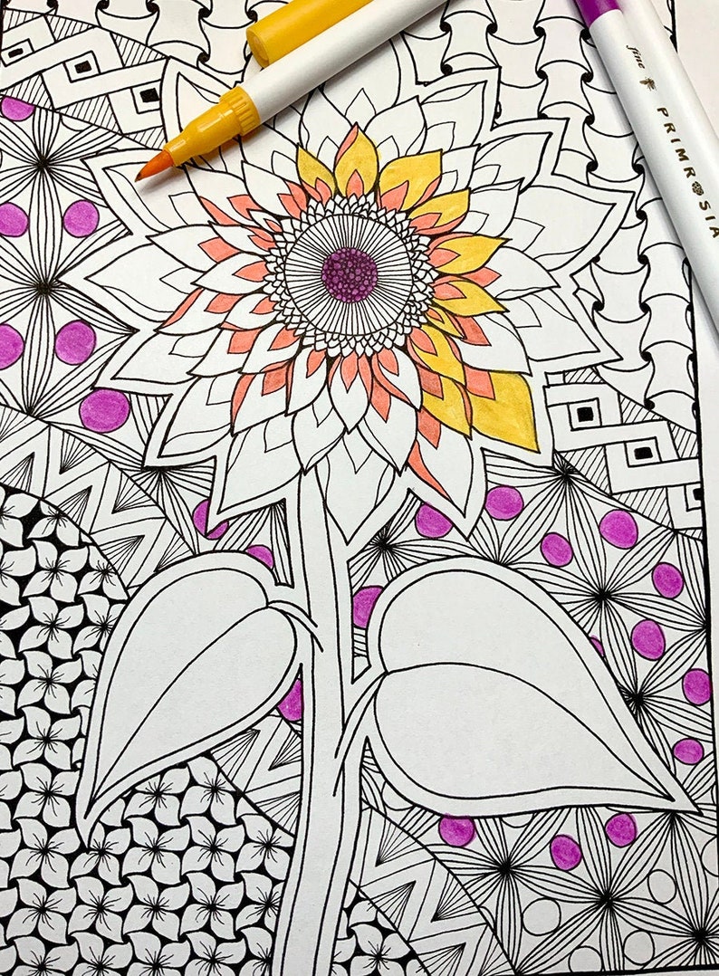 Sunflower Zentangle Coloring Page | Instant Download Floral Mandala Art ...