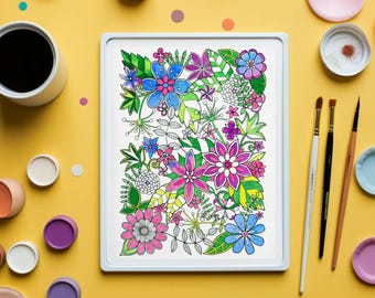 Spring Flower Coloring Page | Intricate Doodle Flowers & Leaves | Printable Floral Adult Coloring Sheet | Instant Download PDF