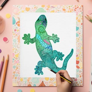 Kolorowanka Gecko z rysunkami – natychmiastowe pobieranie cyfrowe | Zabawna sztuka gadów do druku dla dzieci i dorosłych | Styl Zentangle Jaszczurka PDF