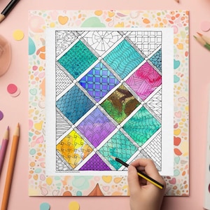 Hand-Drawn Geometric Coloring Page – Intricate Square Patterns & Doodles | Printable Adult Coloring Sheet | Zentangle-Inspired Art