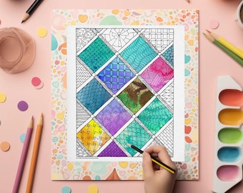 Hand-Drawn Geometric Coloring Page – Intricate Square Patterns & Doodles | Printable Adult Coloring Sheet | Zentangle-Inspired Art