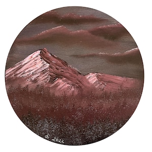Moody Mountain Scape original oil painting on round canvas, Bob Ross inspired oil painting on 8 in round canvas, original artwork
