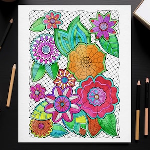Lacy Floral Doodle Coloring Page – Instant Download Adult Coloring Page, Hand-Drawn Intricate Flower Design, Stress Relief Art Printable
