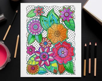 Lacy Floral Doodle Coloring Page – Instant Download Adult Coloring Page, Hand-Drawn Intricate Flower Design, Stress Relief Art Printable