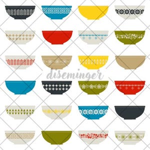 May include: A collection of 18 vintage-style mixing bowls with various patterns and colors. The bowls are arranged in a grid pattern on a white background.
