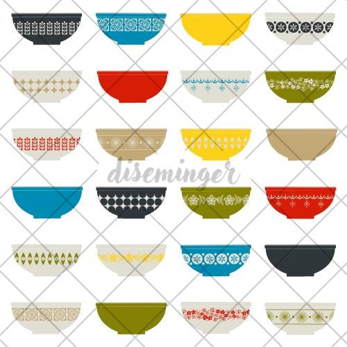 Vintage Pyrex Bowl Vector Clipart | Retro Kitchen SVG, EPS, JPG, Illustrator | Mid-Century Dishware Illustration for Cricut & Sublimation