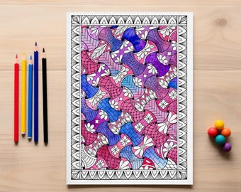 Zentangle Woven Pattern Coloring Page – Intricate Doodle Art Printable for Relaxation & Mindfulness | Instant PDF Download