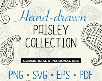 Hand drawn Paisley Collection, Paisley png svg eps pdf, vector, Hand-drawn paisley digital files, Commercial & Personal Use Included