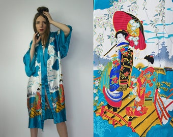 Vintage Forest Green Geisha Girl Kimono Robe One Size Fits Most
