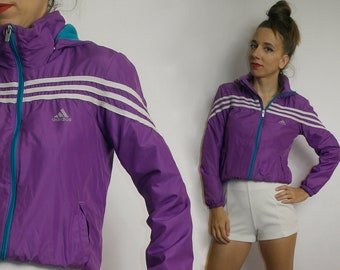 black adidas jacket with purple stripes