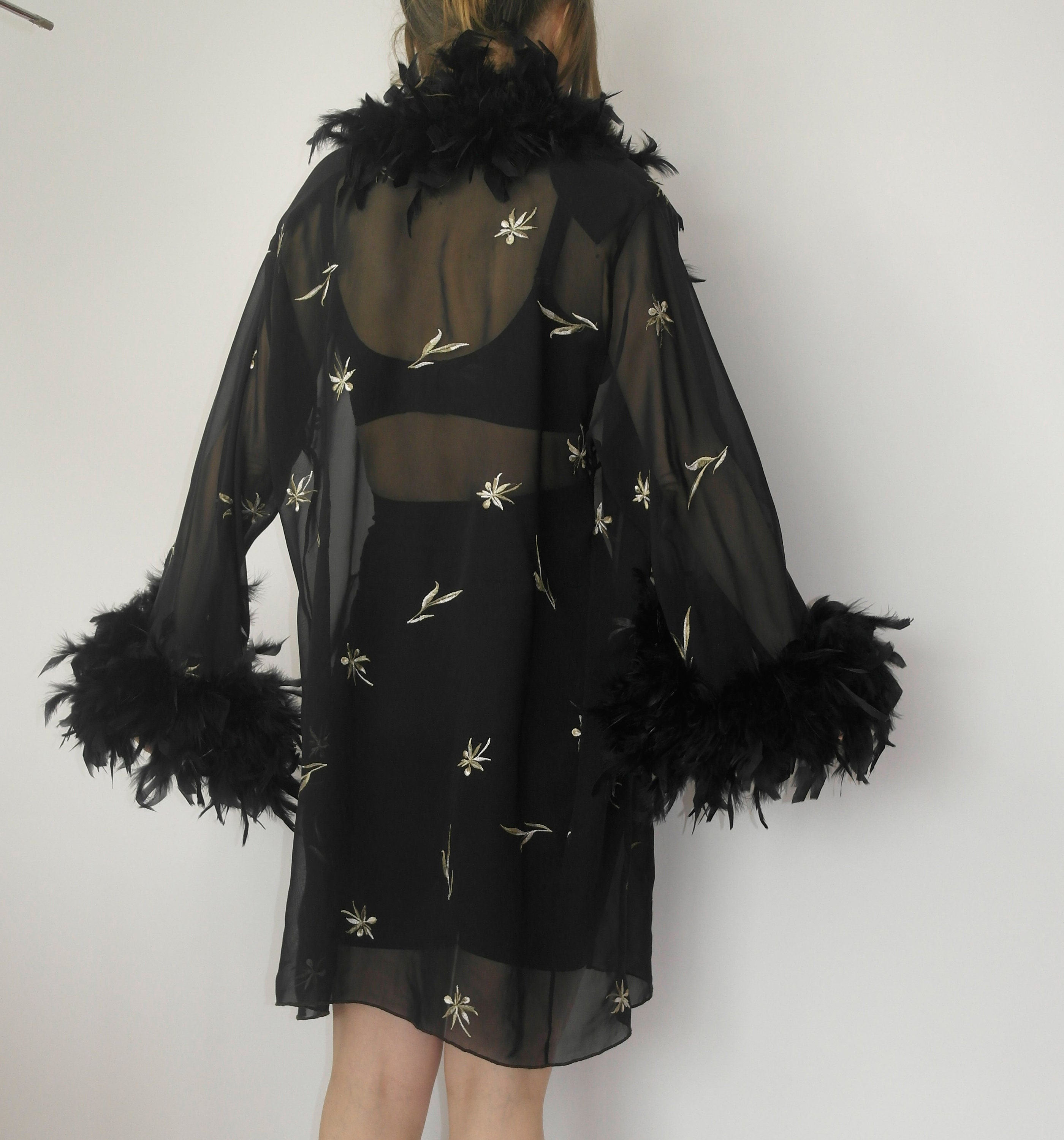 Vintage Black Feather Floral Robe / 90s Sheer Chiffon Robe Etsy