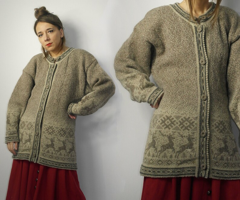 Finnish shops Finland Wool Handmade Sweater / fair isle cardigan / Scandinavian folk sweater with reindeer / Button down folk sweater Kaislakerttu