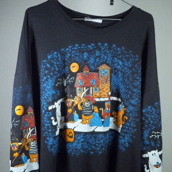 80s Halloween Allover Print Sweatshirt - Haunted House Top Cat - Amazing Design - Size XL