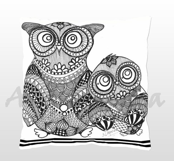 Aysmmetrica Maman Et Bebe Hibou Fait A La Main Zentangle Etsy