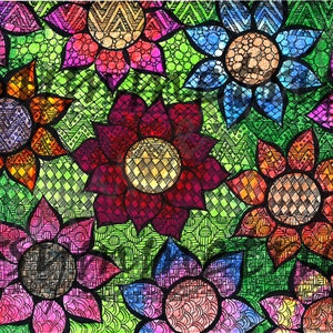 May include: A colorful illustration of a field of flowers with intricate patterns and designs. The flowers are drawn in a variety of colors, including red, blue, green, yellow, and pink. The background is a green and black checkered pattern.