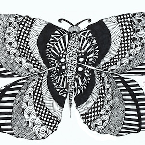Asymmetrica, Papillon de vlinder, handgemaakte Zentangle dierenknuffels, afdrukbare Wall Art, Accent kussens, kleuren kaarten