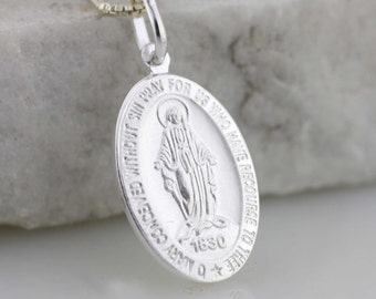 The Miraculous Necklace,  Sterling Silver Holy Mary Pendant, Silver Religious Medal, La Milagrosa, Miraculous Medal, Mary Medal Necklace