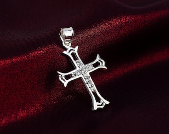 Cross Necklace, Sterling Silver Cross Necklace, Silver Cross With Cz Pendant, Sterling Silver Medieval Cross with CZ,
