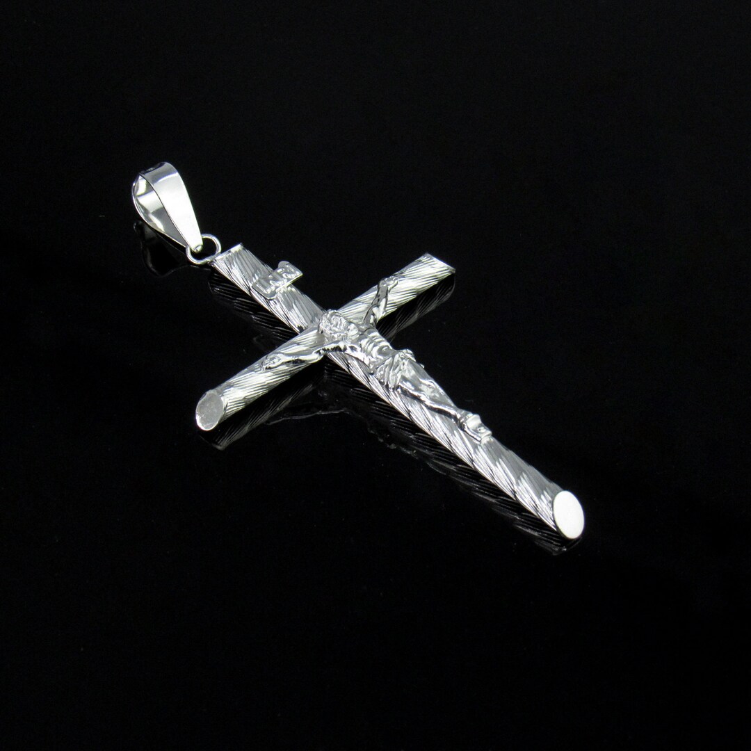 Silver Large Cross Necklace, Sterling Silver Diamond Cut Large Tube