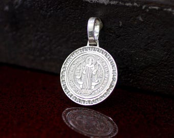 30mm St. Benedict Medal, Sterling Silver Saint Benedict Large Medal, Sterling Silver Saint Benedict Necklace Cz, Silver St. Benedict
